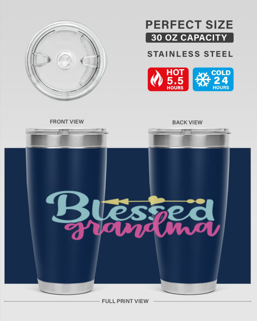 Blessed Grandma Tumbler in stainless steel with a vibrant print, showcasing its double wall vacuum design and drink-thru lid.