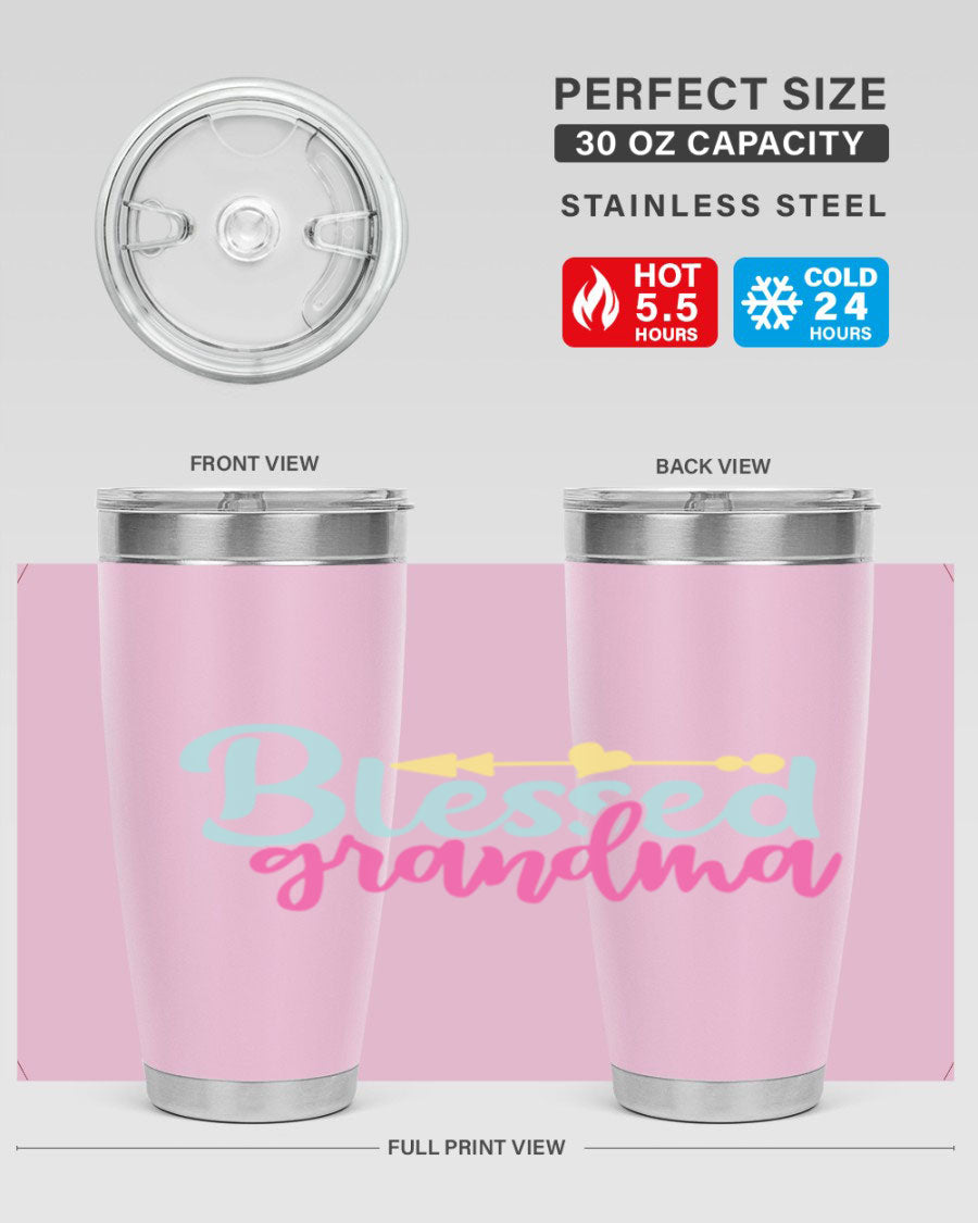 Blessed Grandma Tumbler in stainless steel with a vibrant print, showcasing its double wall vacuum design and drink-thru lid.