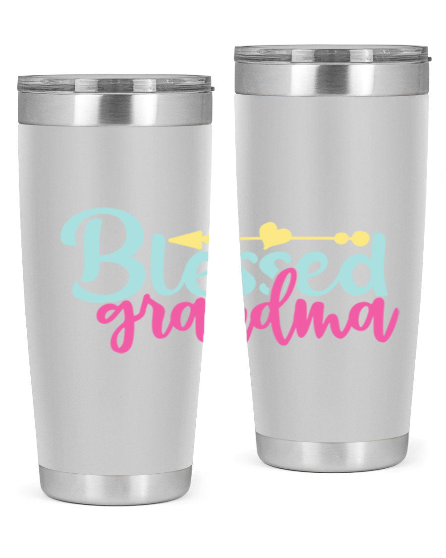 Blessed Grandma Tumbler in stainless steel with a vibrant print, showcasing its double wall vacuum design and drink-thru lid.