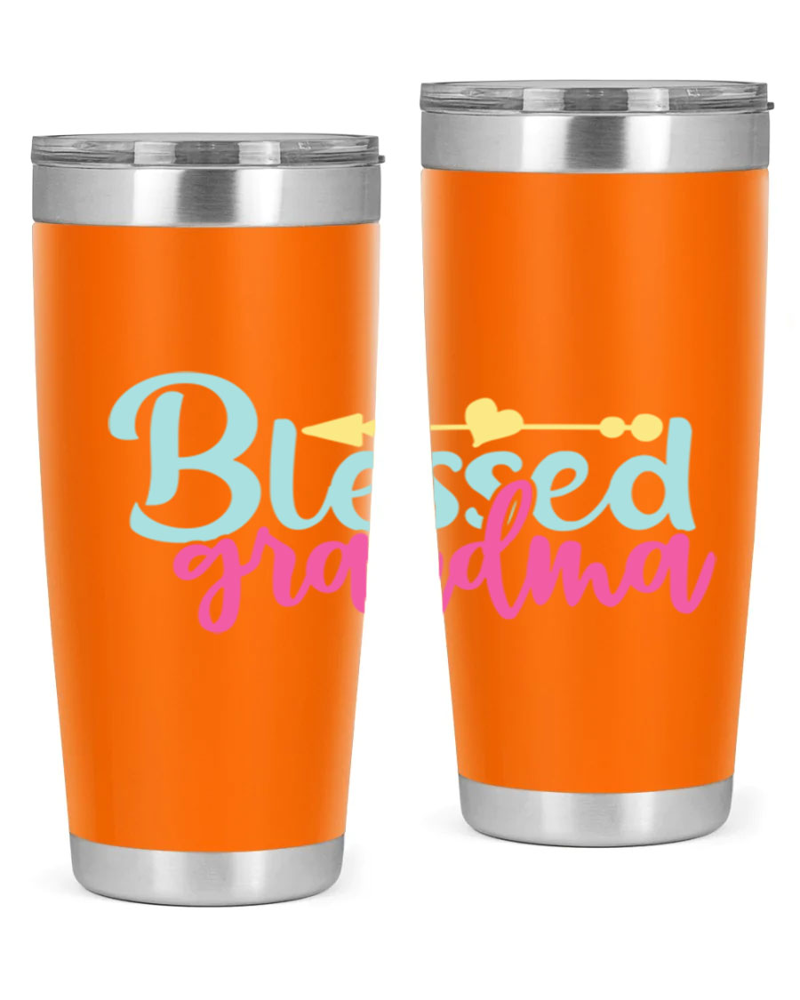 Blessed Grandma Tumbler in stainless steel with a vibrant print, showcasing its double wall vacuum design and drink-thru lid.