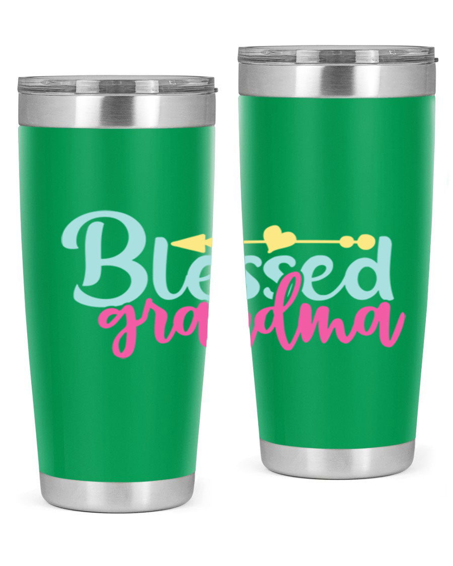 Blessed Grandma Tumbler in stainless steel with a vibrant print, showcasing its double wall vacuum design and drink-thru lid.