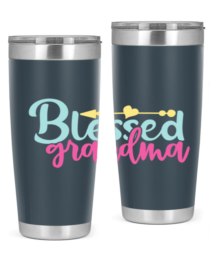 Blessed Grandma Tumbler in stainless steel with a vibrant print, showcasing its double wall vacuum design and drink-thru lid.