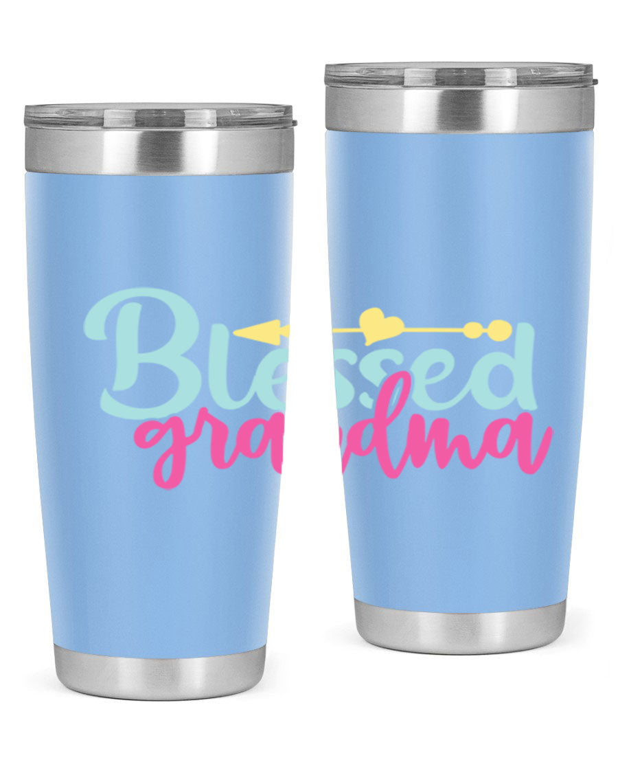 Blessed Grandma Tumbler in stainless steel with a vibrant print, showcasing its double wall vacuum design and drink-thru lid.