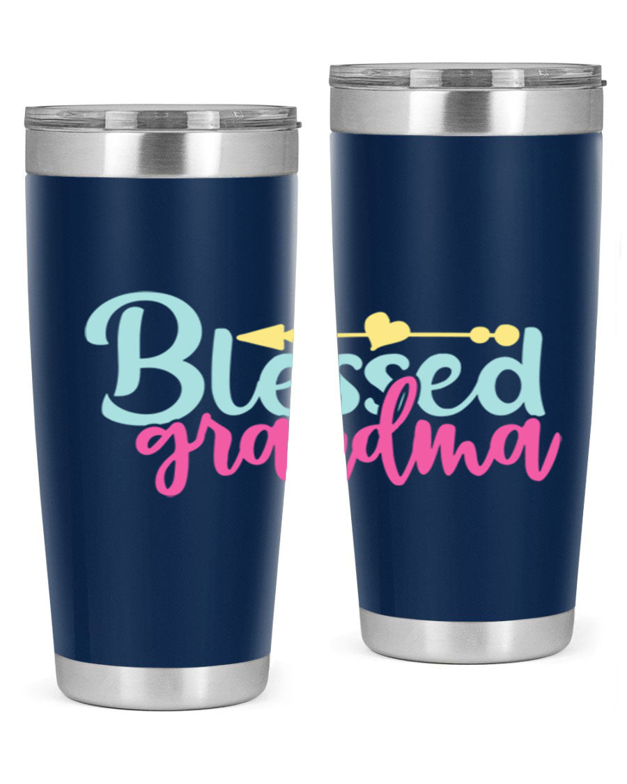 Blessed Grandma Tumbler in stainless steel with a vibrant print, showcasing its double wall vacuum design and drink-thru lid.