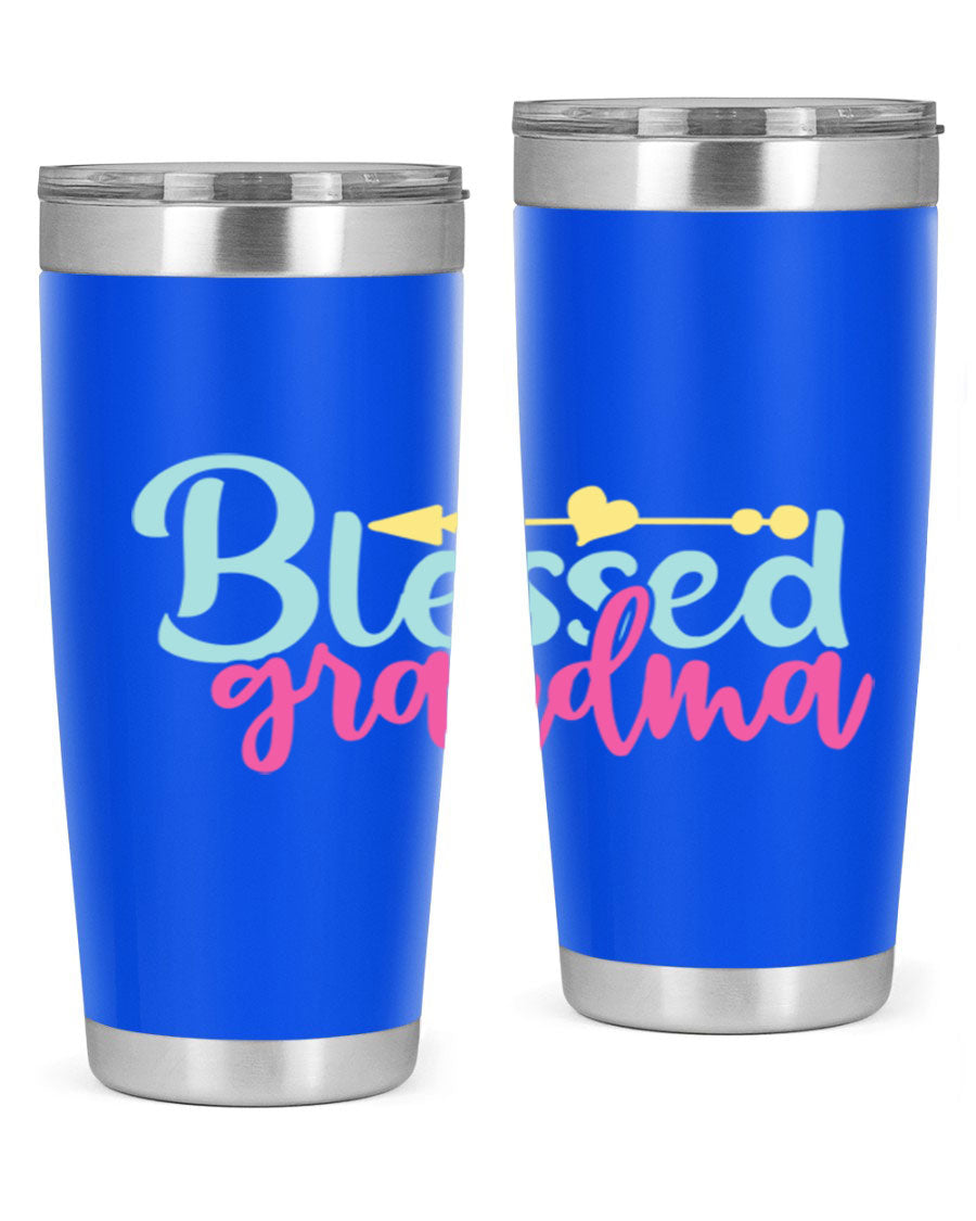 Blessed Grandma Tumbler in stainless steel with a vibrant print, showcasing its double wall vacuum design and drink-thru lid.