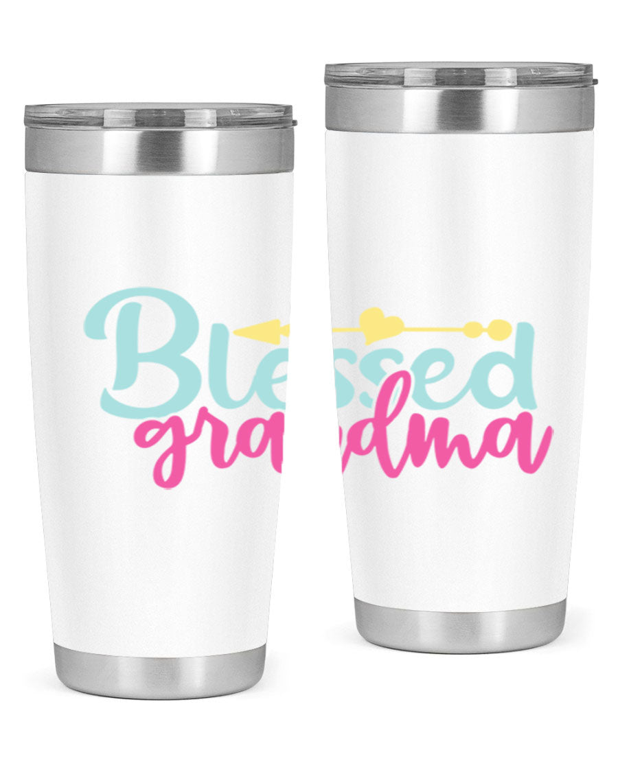 Blessed Grandma Tumbler in stainless steel with a vibrant print, showcasing its double wall vacuum design and drink-thru lid.