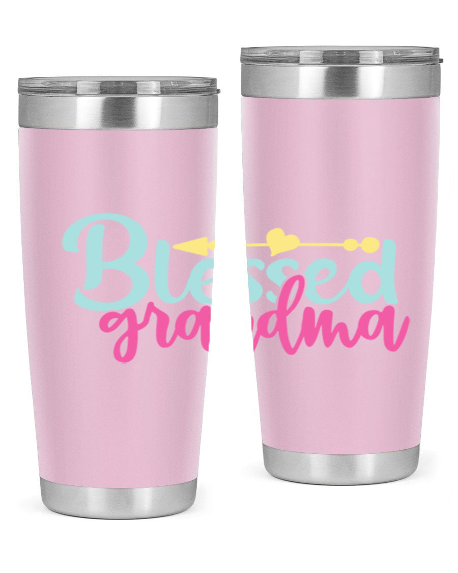 Blessed Grandma Tumbler in stainless steel with a vibrant print, showcasing its double wall vacuum design and drink-thru lid.