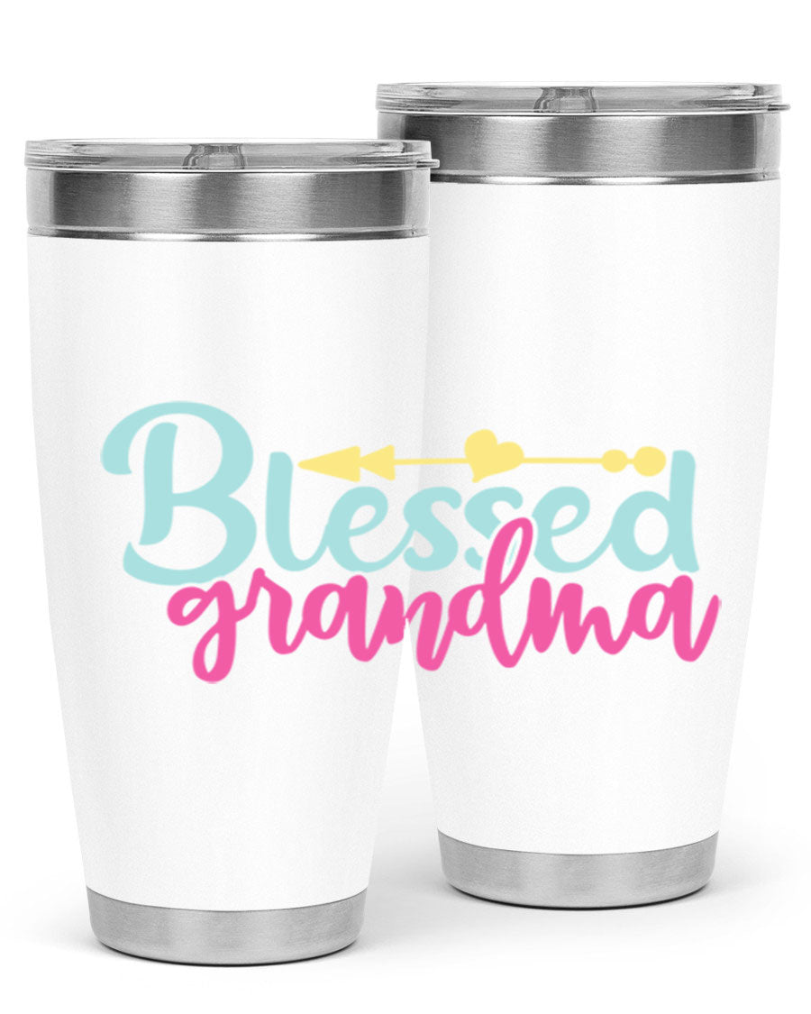 Blessed Grandma Tumbler in stainless steel with a vibrant print, showcasing its double wall vacuum design and drink-thru lid.