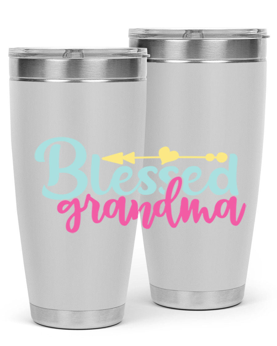 Blessed Grandma Tumbler in stainless steel with a vibrant print, showcasing its double wall vacuum design and drink-thru lid.