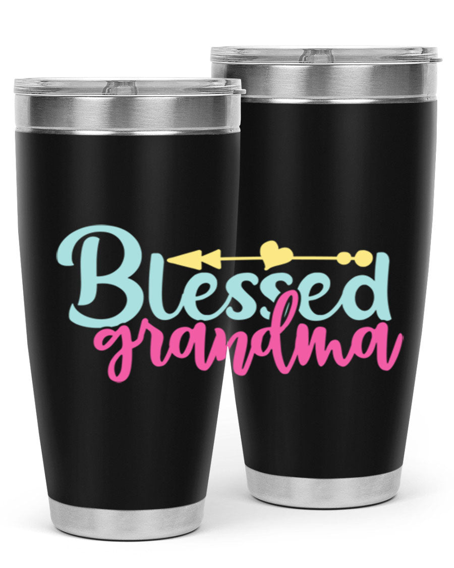 Blessed Grandma Tumbler in stainless steel with a vibrant print, showcasing its double wall vacuum design and drink-thru lid.