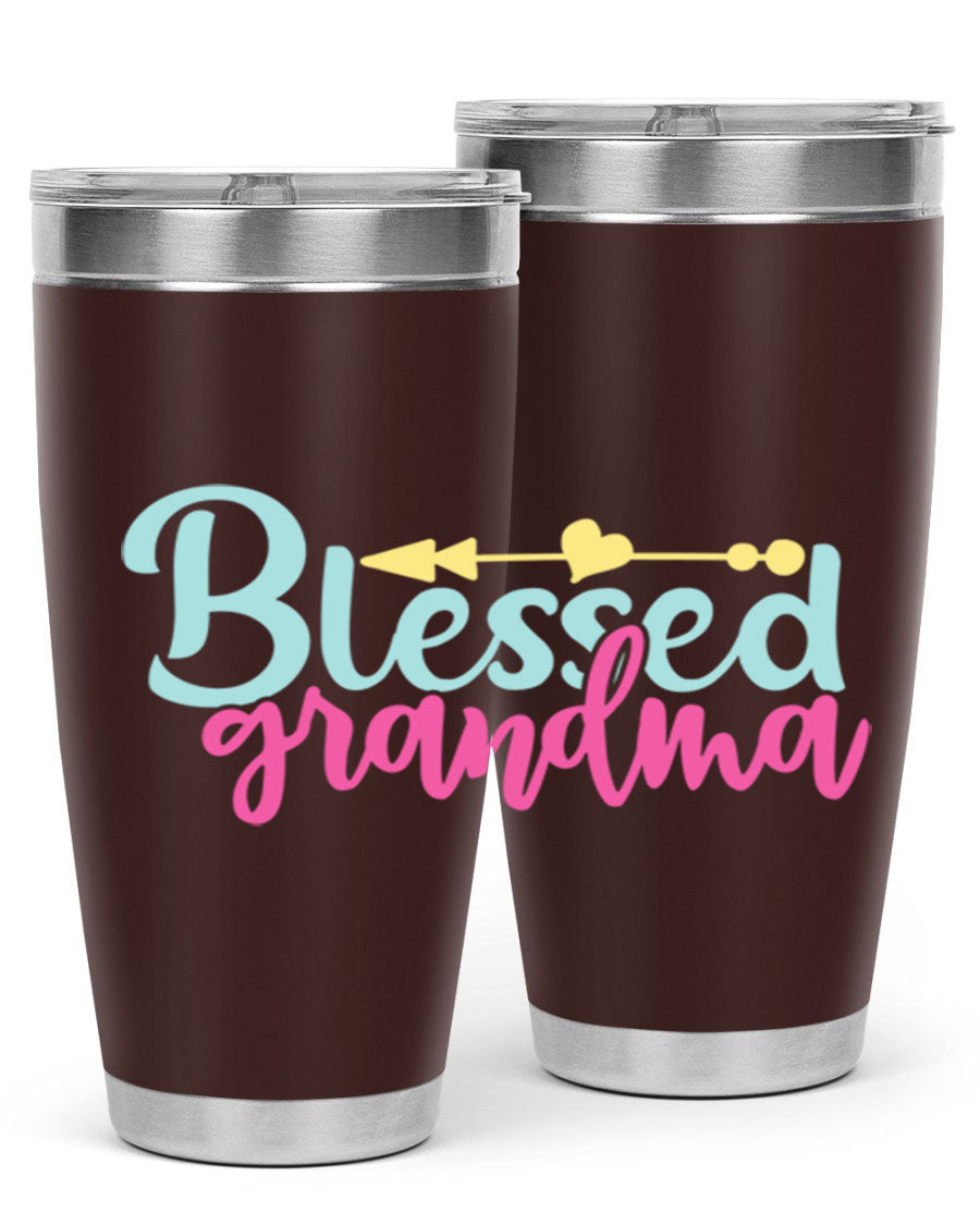 Blessed Grandma Tumbler in stainless steel with a vibrant print, showcasing its double wall vacuum design and drink-thru lid.