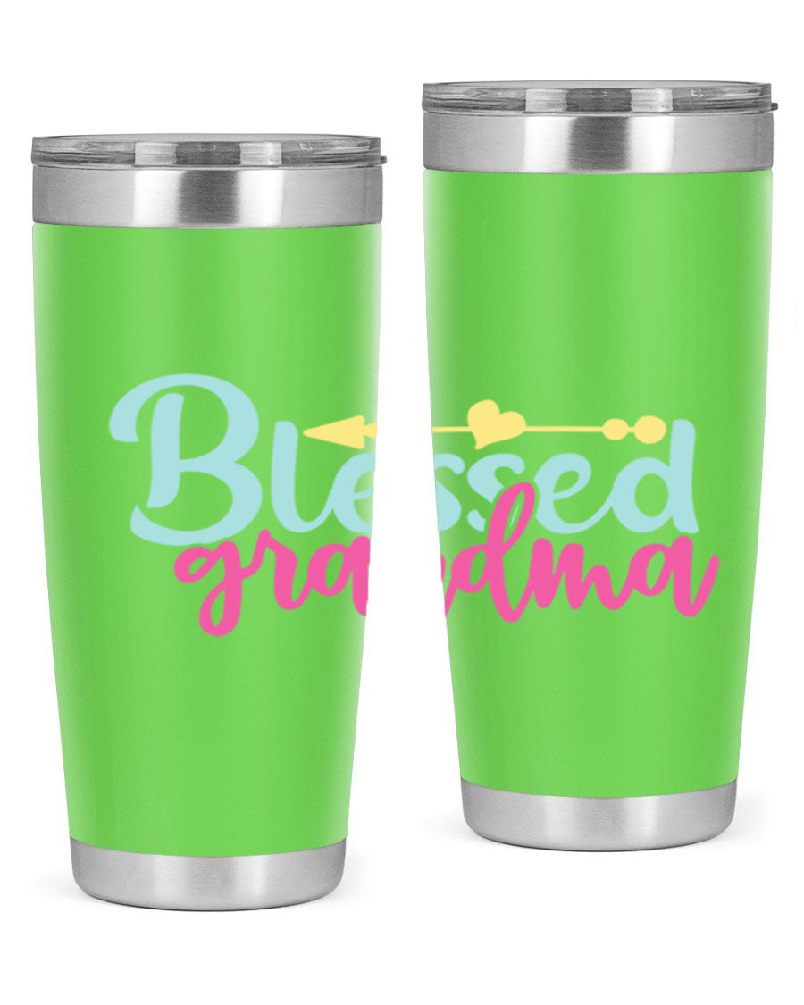 Blessed Grandma Tumbler in stainless steel with a vibrant print, showcasing its double wall vacuum design and drink-thru lid.