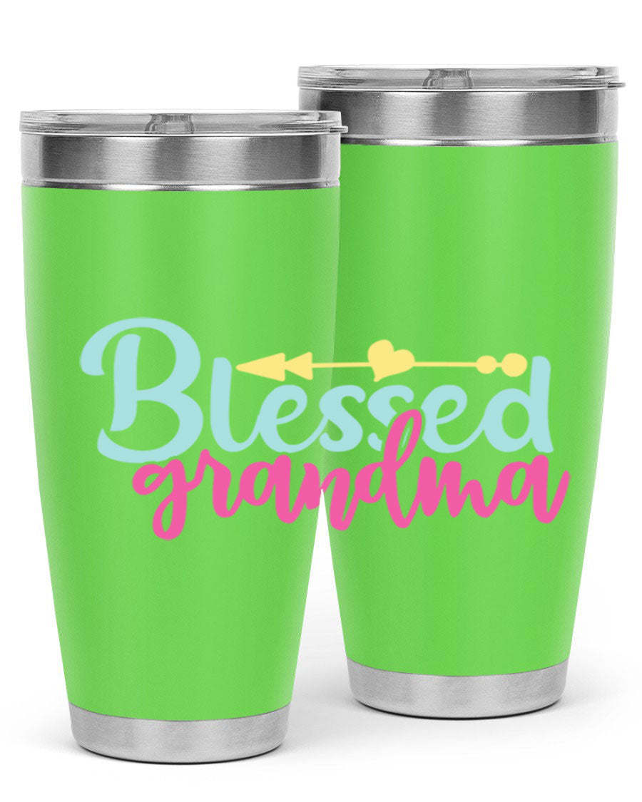 Blessed Grandma Tumbler in stainless steel with a vibrant print, showcasing its double wall vacuum design and drink-thru lid.