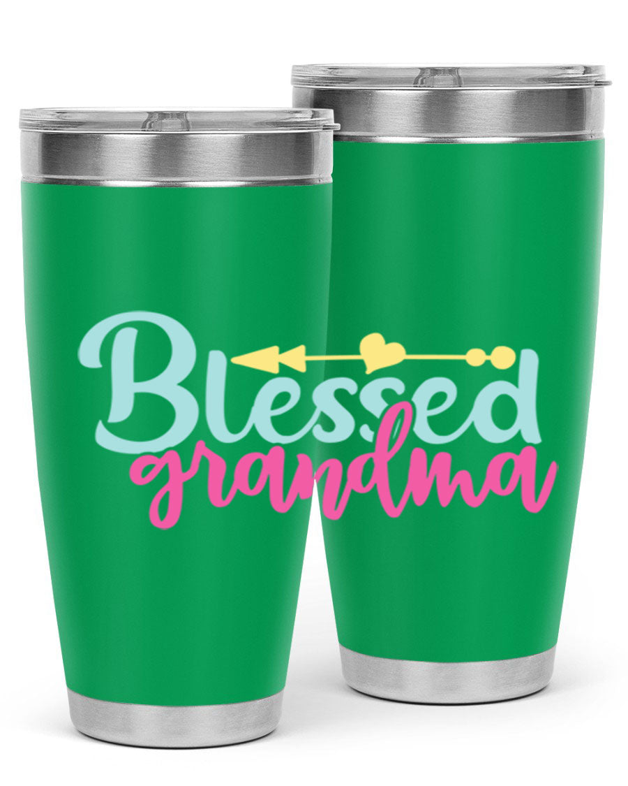 Blessed Grandma Tumbler in stainless steel with a vibrant print, showcasing its double wall vacuum design and drink-thru lid.