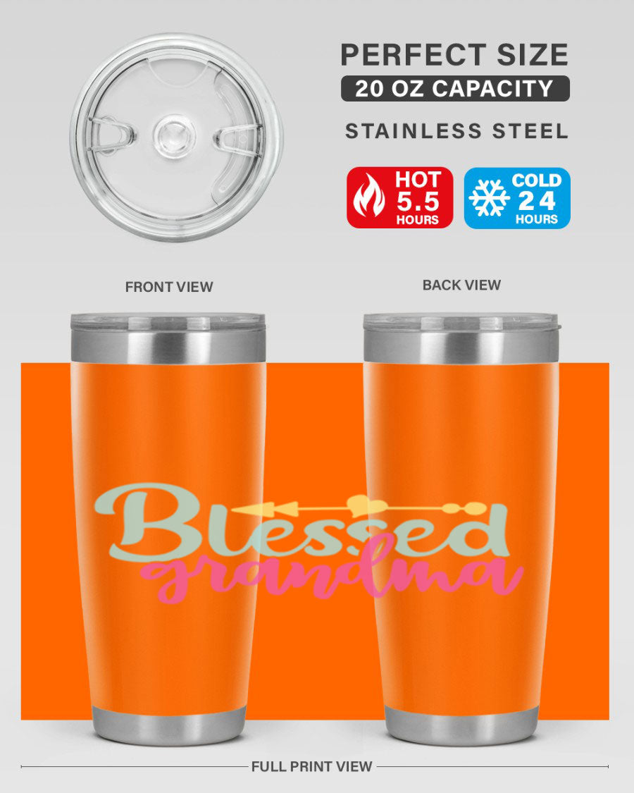 Blessed Grandma Tumbler in stainless steel with a vibrant print, showcasing its double wall vacuum design and drink-thru lid.