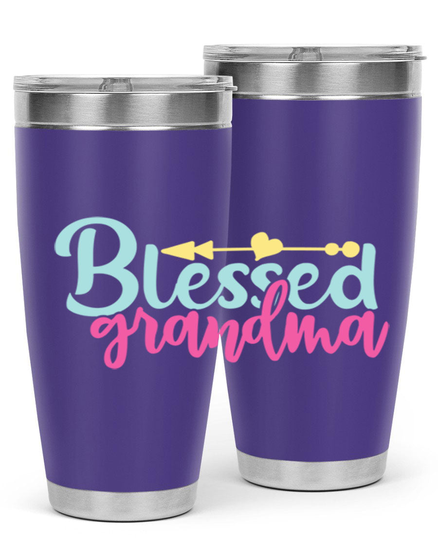 Blessed Grandma Tumbler in stainless steel with a vibrant print, showcasing its double wall vacuum design and drink-thru lid.