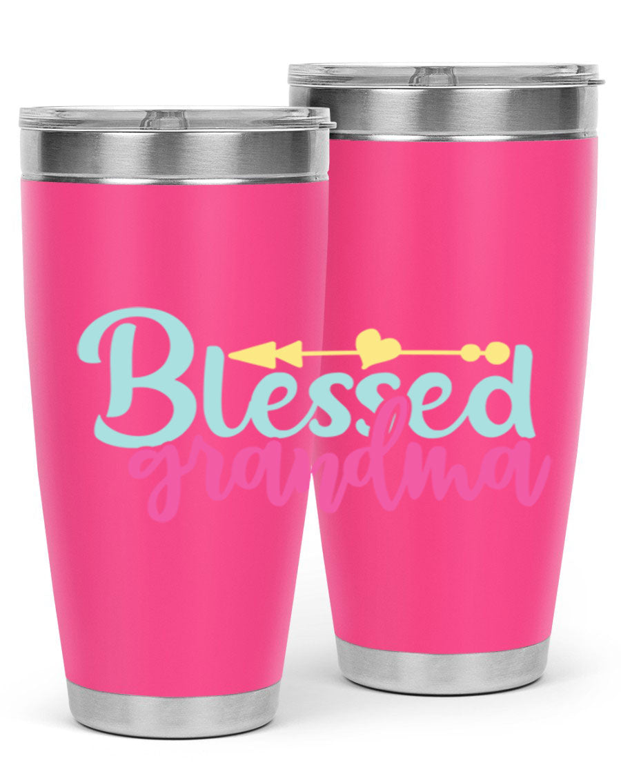 Blessed Grandma Tumbler in stainless steel with a vibrant print, showcasing its double wall vacuum design and drink-thru lid.