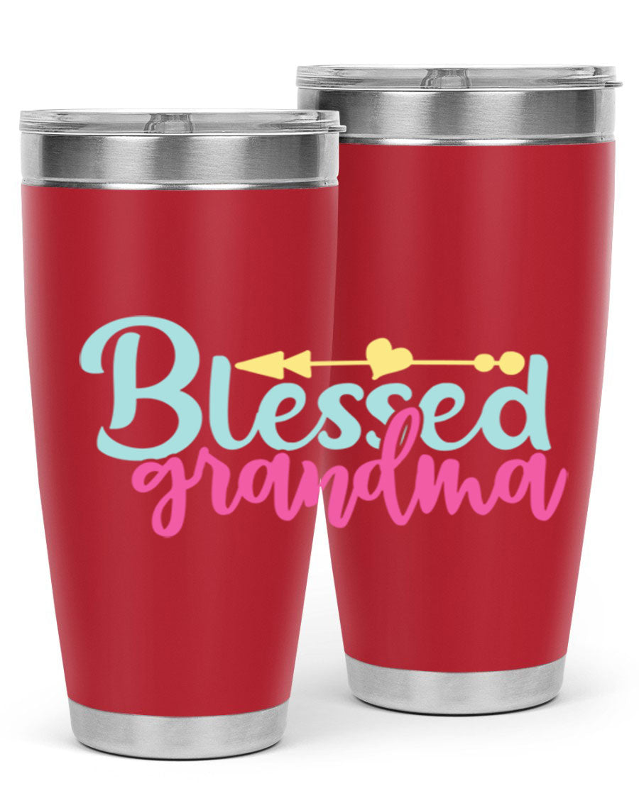 Blessed Grandma Tumbler in stainless steel with a vibrant print, showcasing its double wall vacuum design and drink-thru lid.