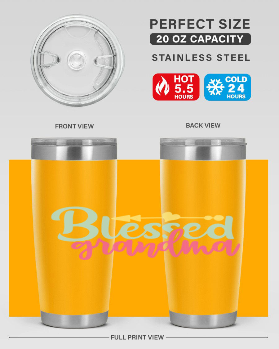 Blessed Grandma Tumbler in stainless steel with a vibrant print, showcasing its double wall vacuum design and drink-thru lid.