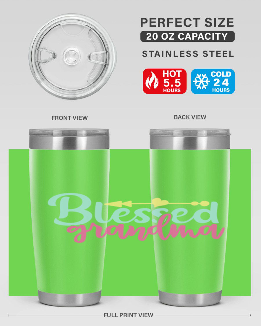 Blessed Grandma Tumbler in stainless steel with a vibrant print, showcasing its double wall vacuum design and drink-thru lid.