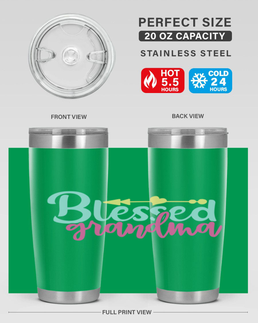 Blessed Grandma Tumbler in stainless steel with a vibrant print, showcasing its double wall vacuum design and drink-thru lid.