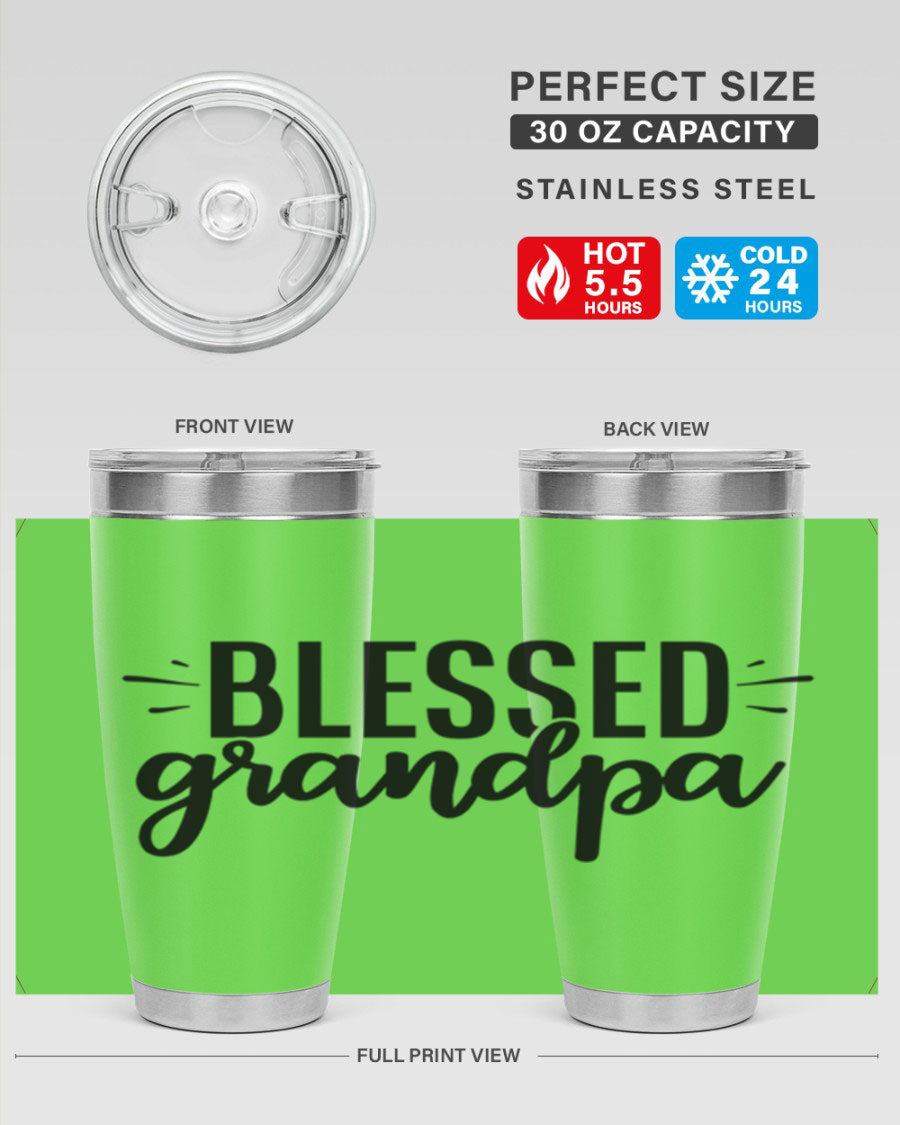 Blessed Grandpa 74# Tumbler in stainless steel with a drink-thru lid, showcasing its double wall vacuum design.