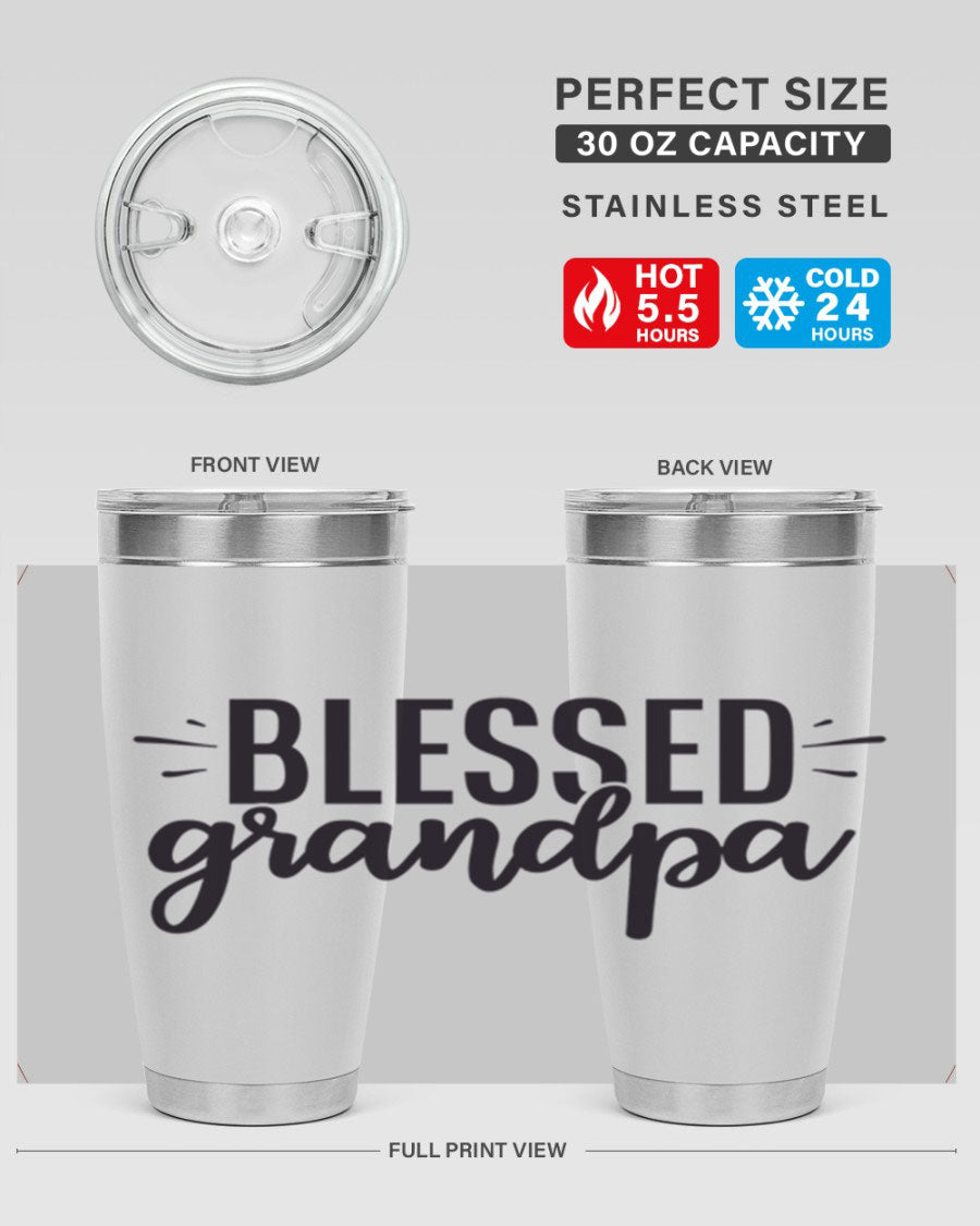 Blessed Grandpa 74# Tumbler in stainless steel with a drink-thru lid, showcasing its double wall vacuum design.