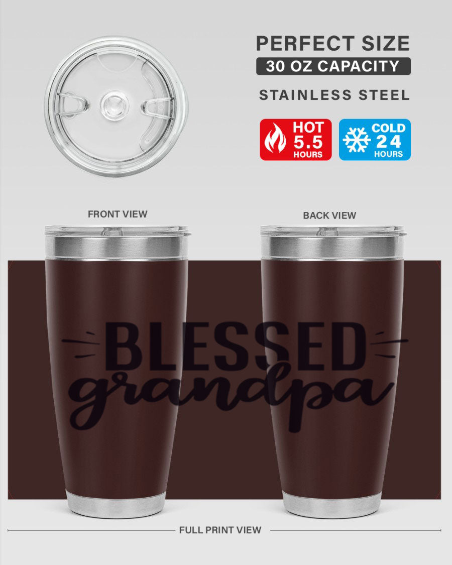 Blessed Grandpa 74# Tumbler in stainless steel with a drink-thru lid, showcasing its double wall vacuum design.