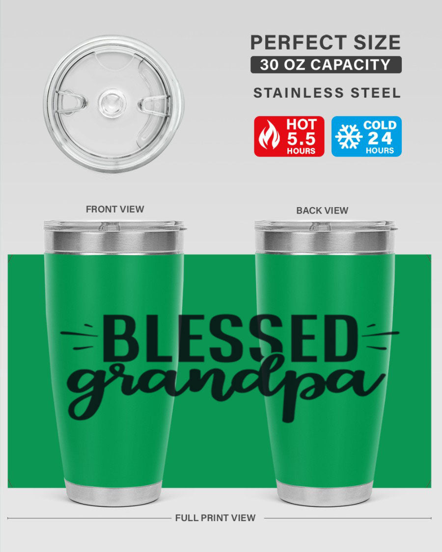 Blessed Grandpa 74# Tumbler in stainless steel with a drink-thru lid, showcasing its double wall vacuum design.