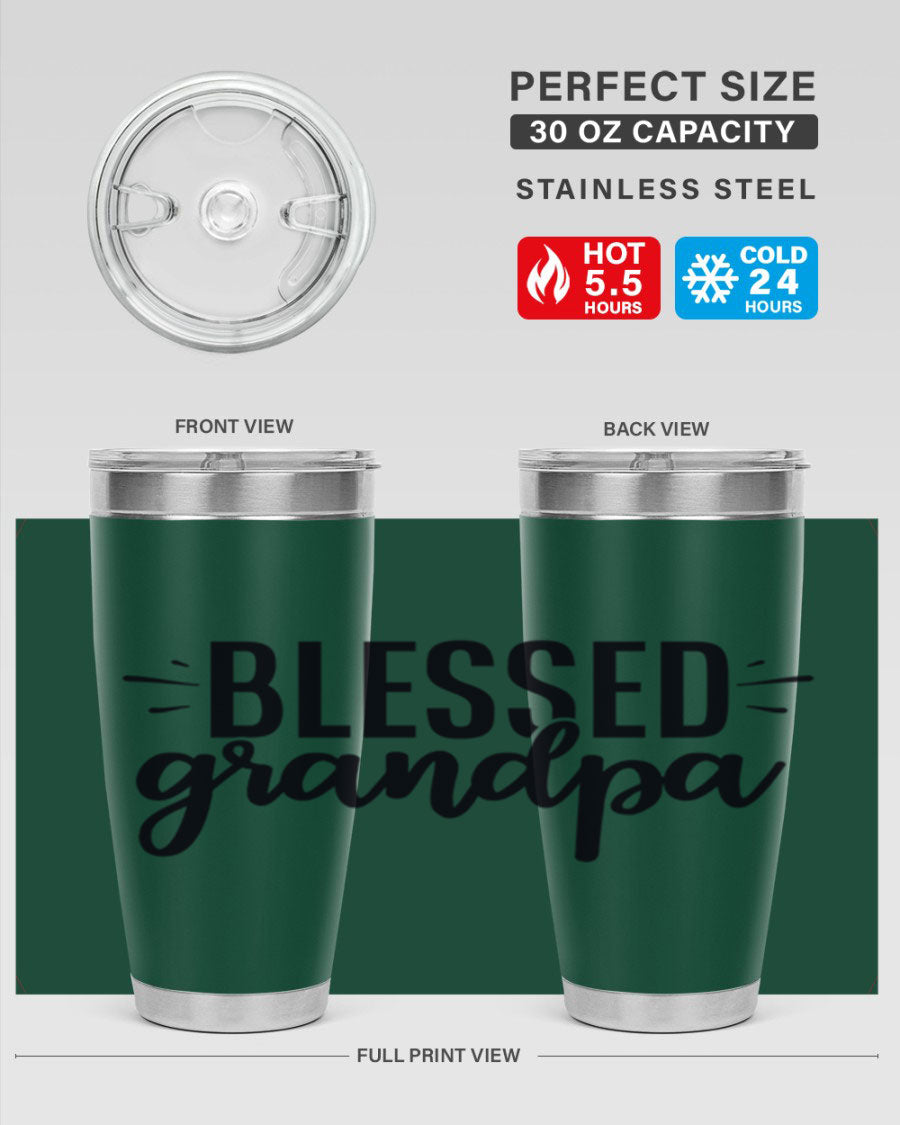 Blessed Grandpa 74# Tumbler in stainless steel with a drink-thru lid, showcasing its double wall vacuum design.