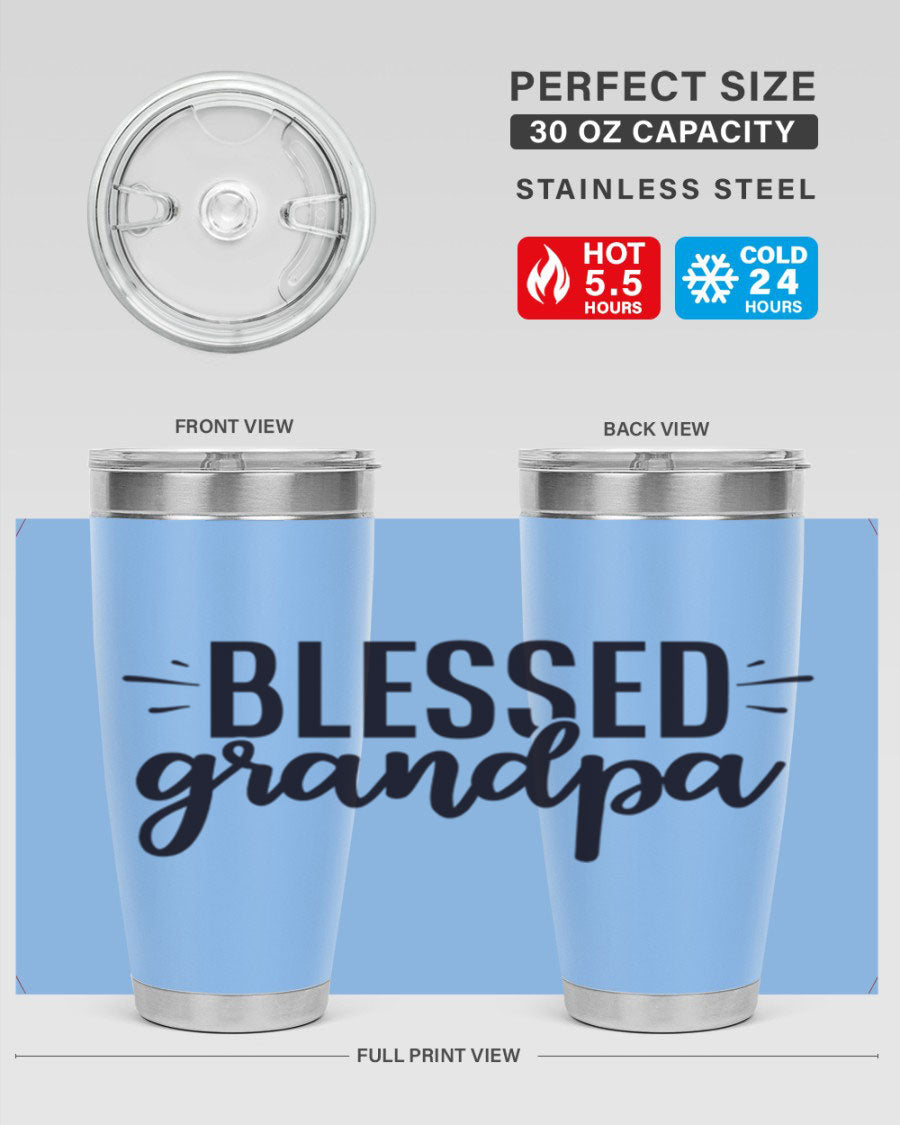 Blessed Grandpa 74# Tumbler in stainless steel with a drink-thru lid, showcasing its double wall vacuum design.