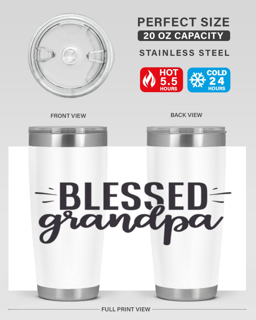 Blessed Grandpa 74# Tumbler in stainless steel with a drink-thru lid, showcasing its double wall vacuum design.