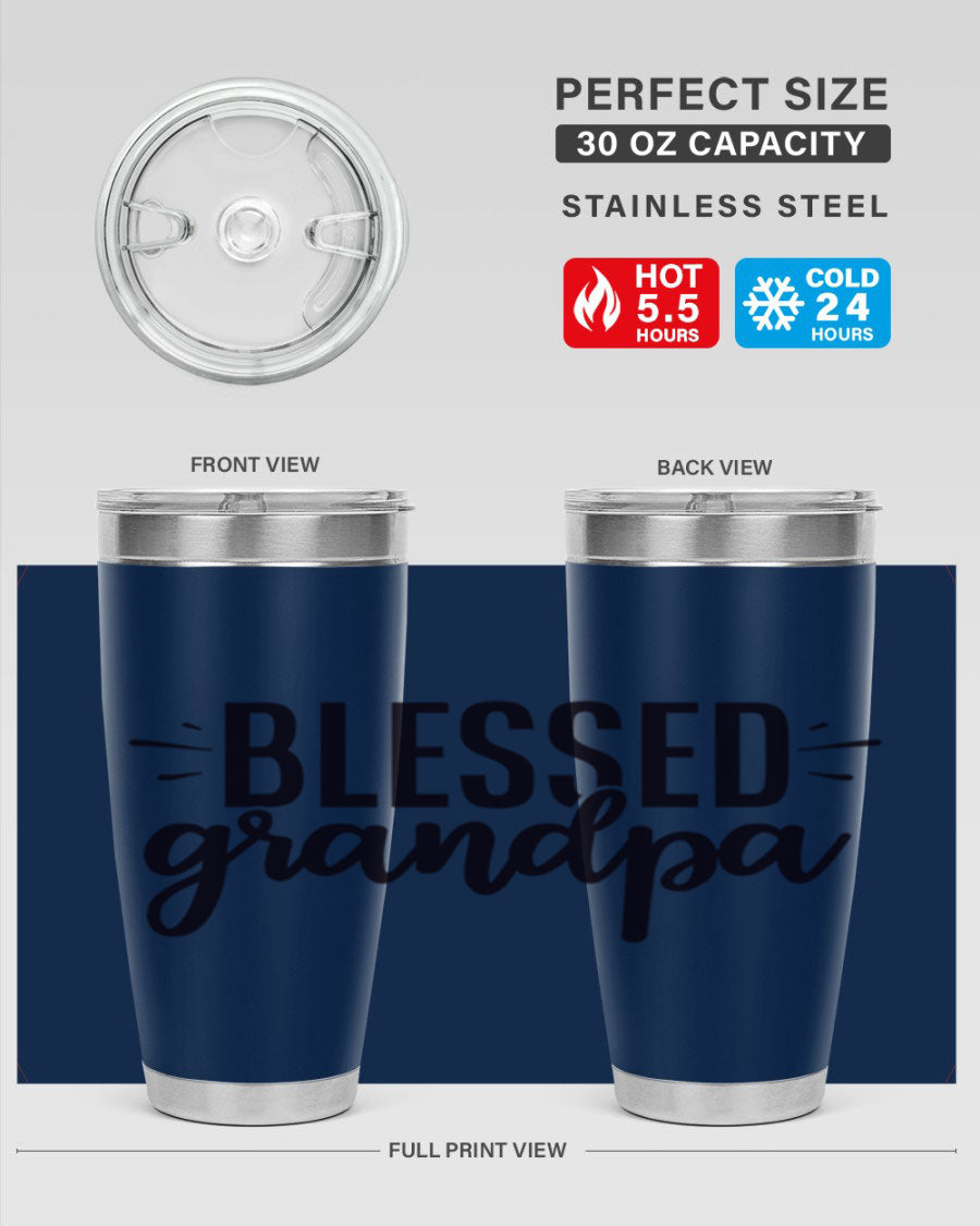 Blessed Grandpa 74# Tumbler in stainless steel with a drink-thru lid, showcasing its double wall vacuum design.