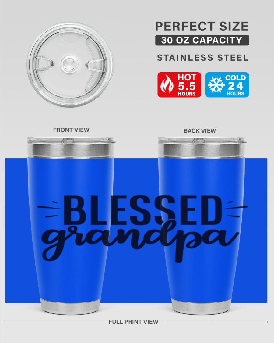 Blessed Grandpa 74# Tumbler in stainless steel with a drink-thru lid, showcasing its double wall vacuum design.