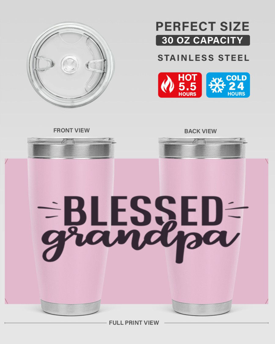 Blessed Grandpa 74# Tumbler in stainless steel with a drink-thru lid, showcasing its double wall vacuum design.