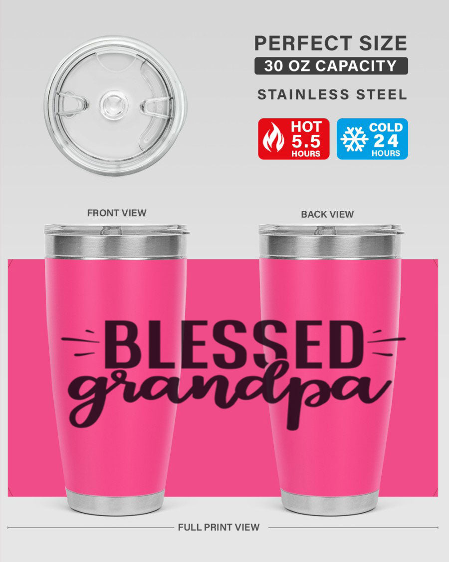 Blessed Grandpa 74# Tumbler in stainless steel with a drink-thru lid, showcasing its double wall vacuum design.