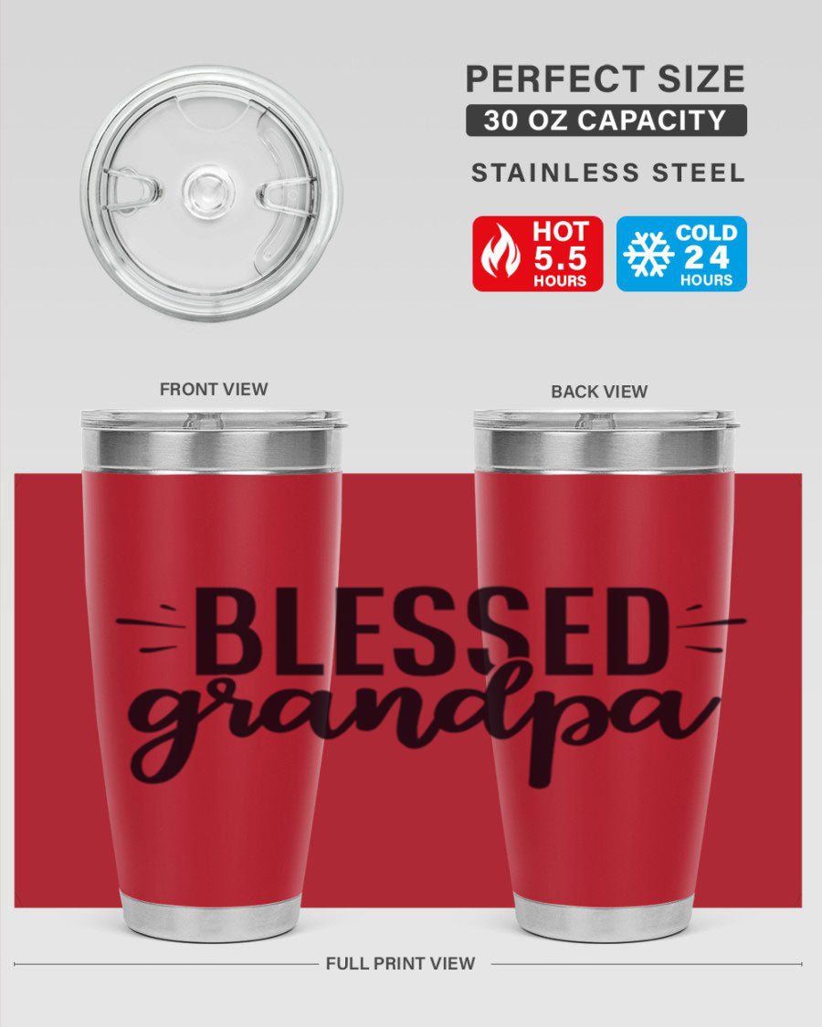 Blessed Grandpa 74# Tumbler in stainless steel with a drink-thru lid, showcasing its double wall vacuum design.