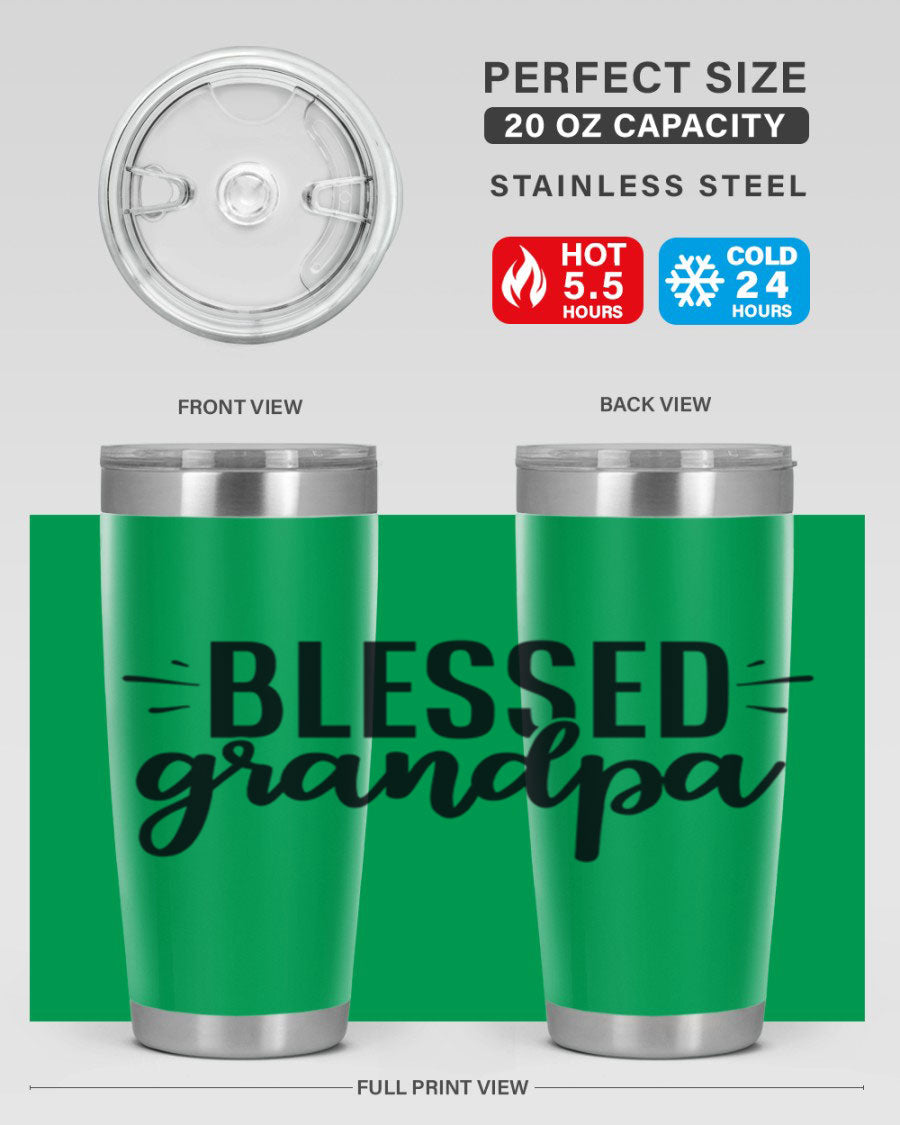 Blessed Grandpa 74# Tumbler in stainless steel with a drink-thru lid, showcasing its double wall vacuum design.