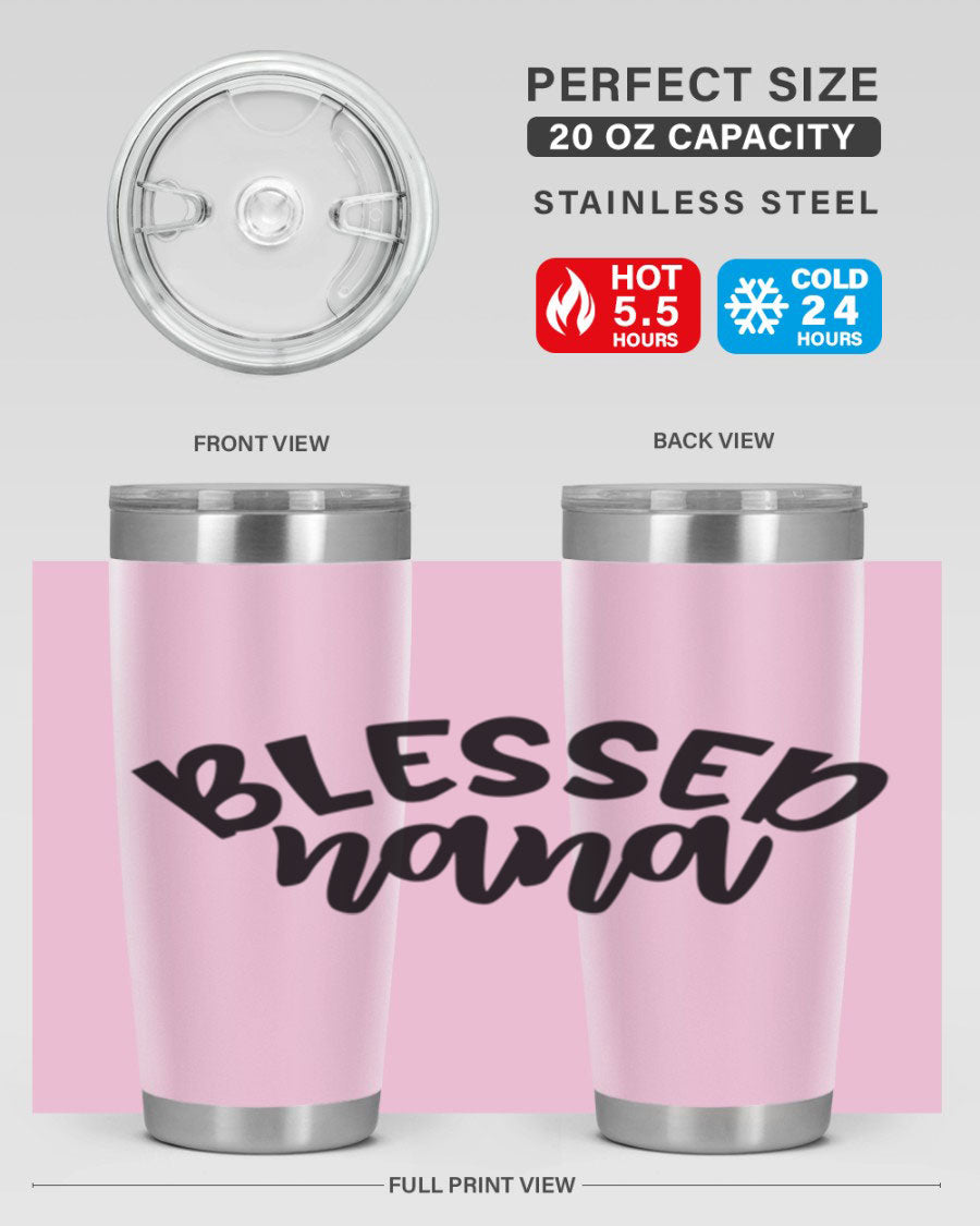 Blessed Nana 20oz Tumbler featuring double wall vacuum stainless steel design with a drink-thru lid, perfect for keeping beverages hot or cold.