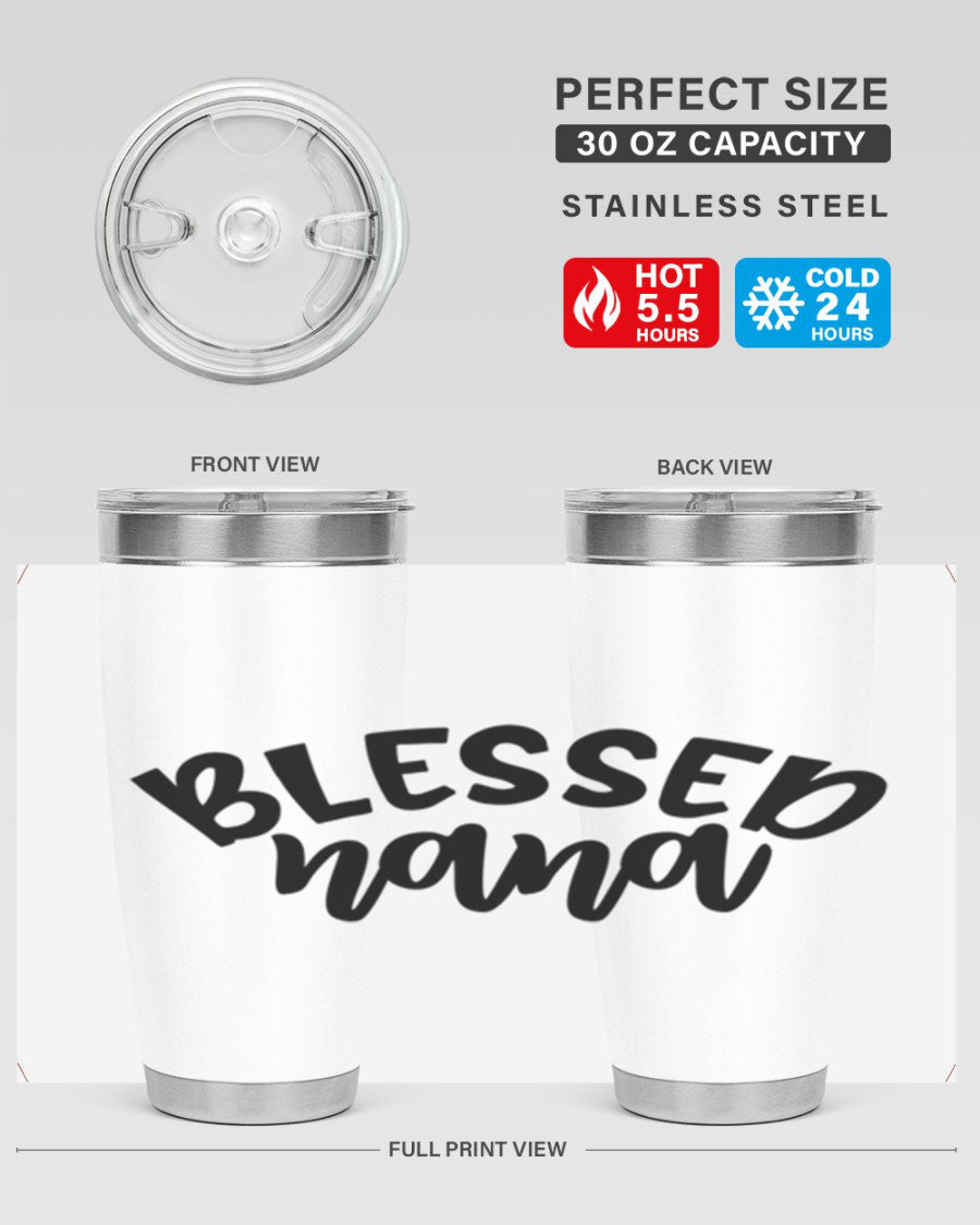 Blessed Nana 20oz Tumbler featuring double wall vacuum stainless steel design with a drink-thru lid, perfect for keeping beverages hot or cold.