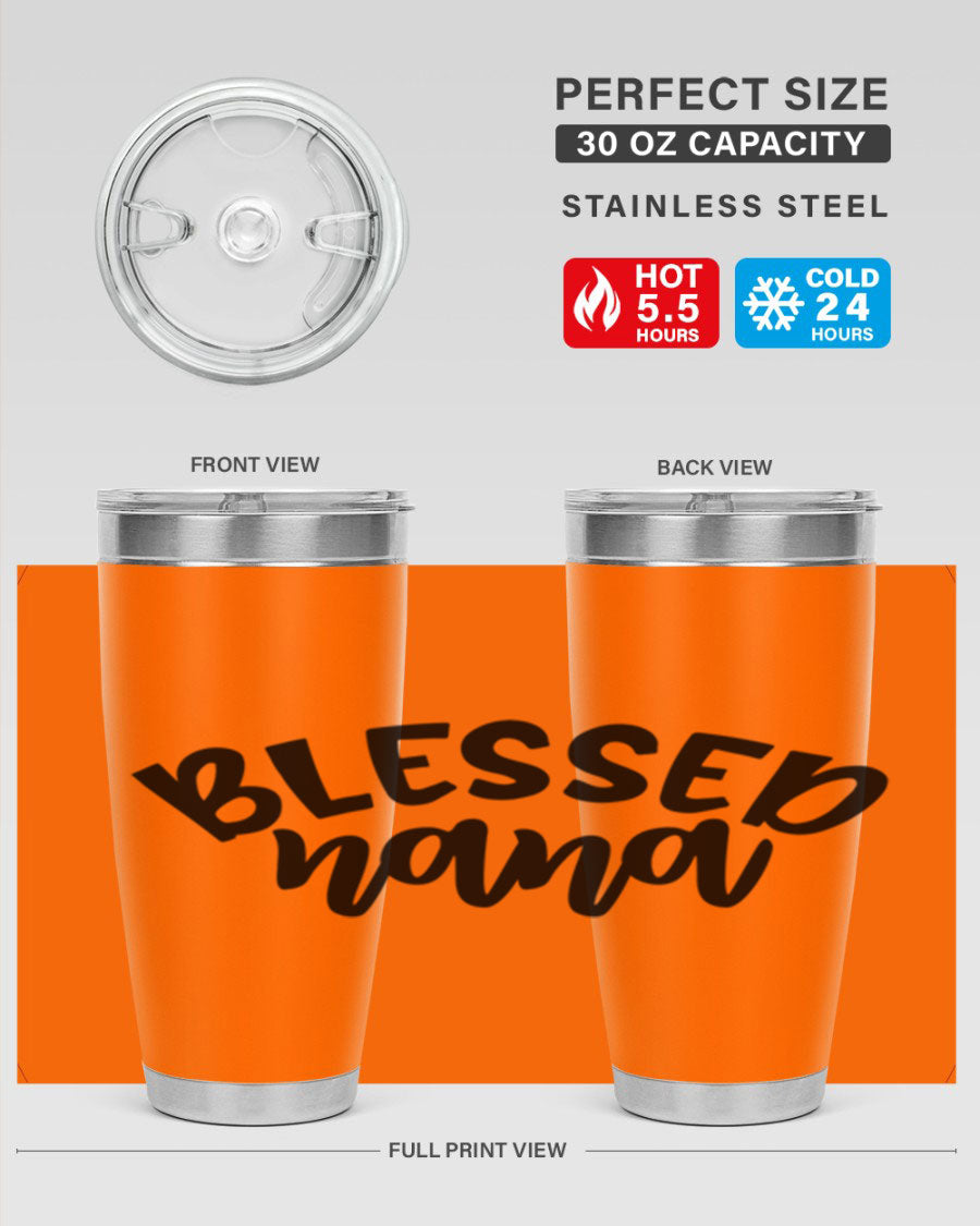 Blessed Nana 20oz Tumbler featuring double wall vacuum stainless steel design with a drink-thru lid, perfect for keeping beverages hot or cold.