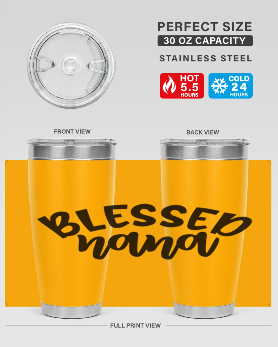 Blessed Nana 20oz Tumbler featuring double wall vacuum stainless steel design with a drink-thru lid, perfect for keeping beverages hot or cold.