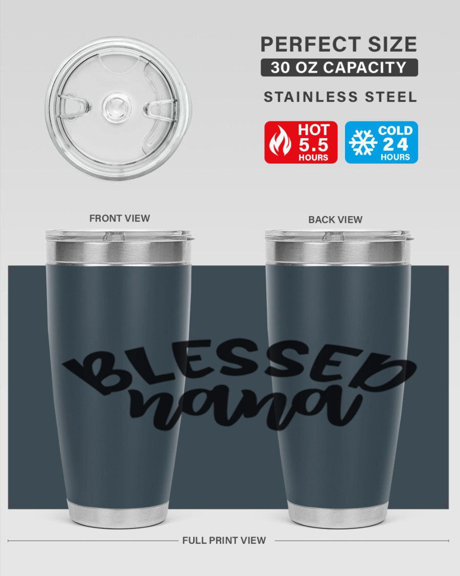 Blessed Nana 20oz Tumbler featuring double wall vacuum stainless steel design with a drink-thru lid, perfect for keeping beverages hot or cold.