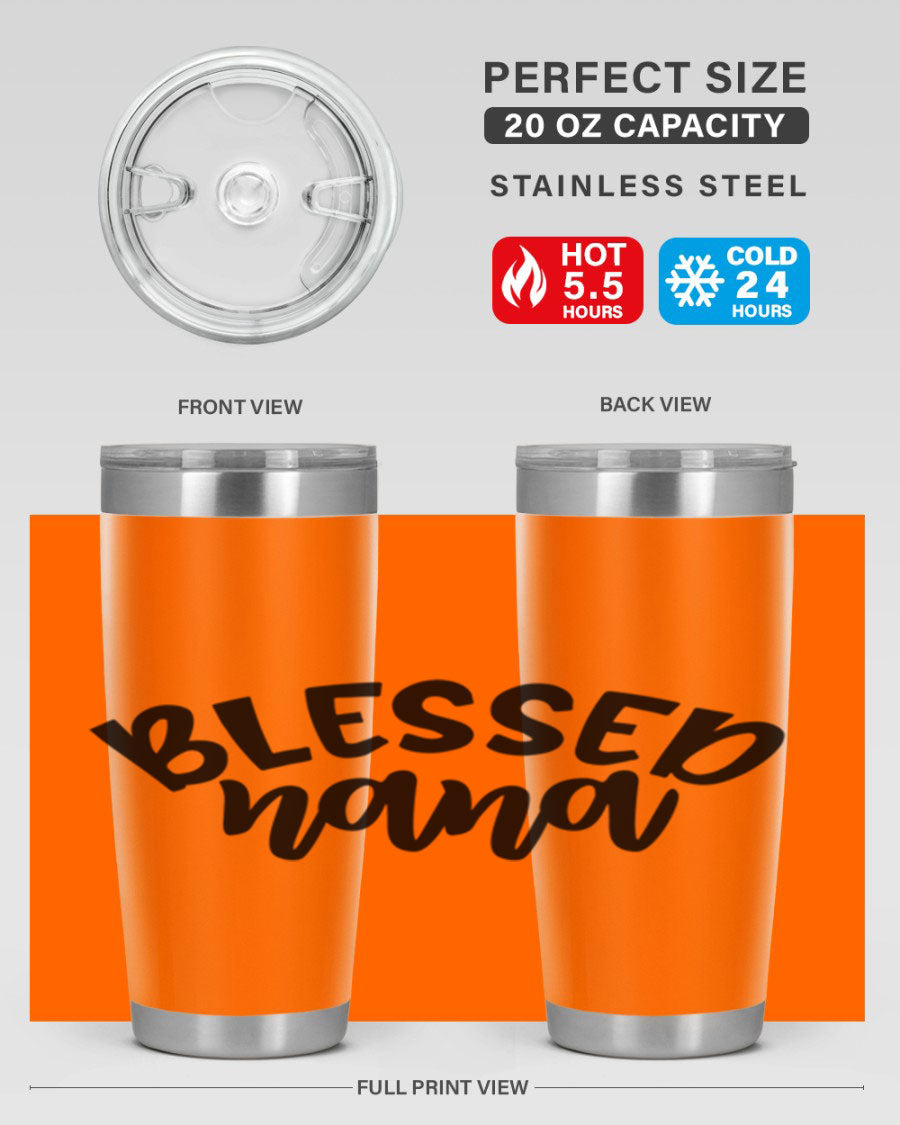 Blessed Nana 20oz Tumbler featuring double wall vacuum stainless steel design with a drink-thru lid, perfect for keeping beverages hot or cold.