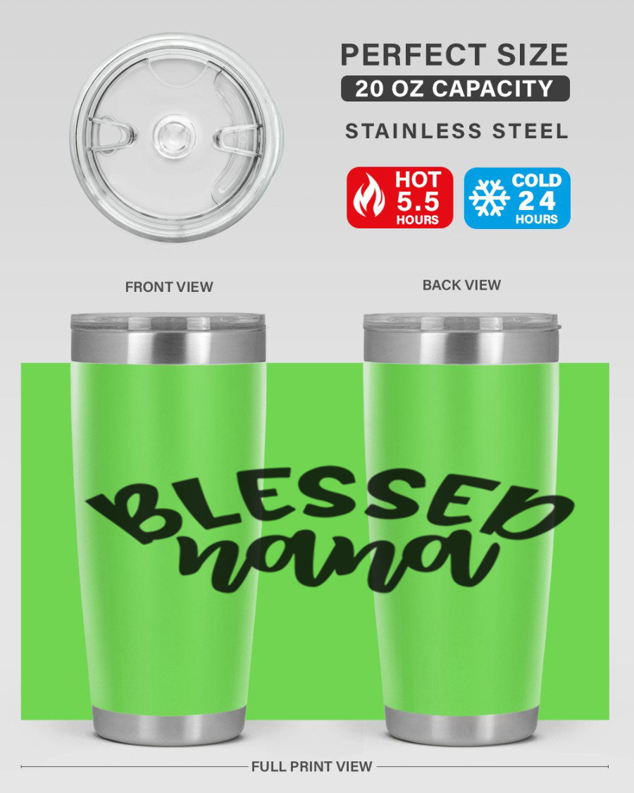 Blessed Nana 20oz Tumbler featuring double wall vacuum stainless steel design with a drink-thru lid, perfect for keeping beverages hot or cold.