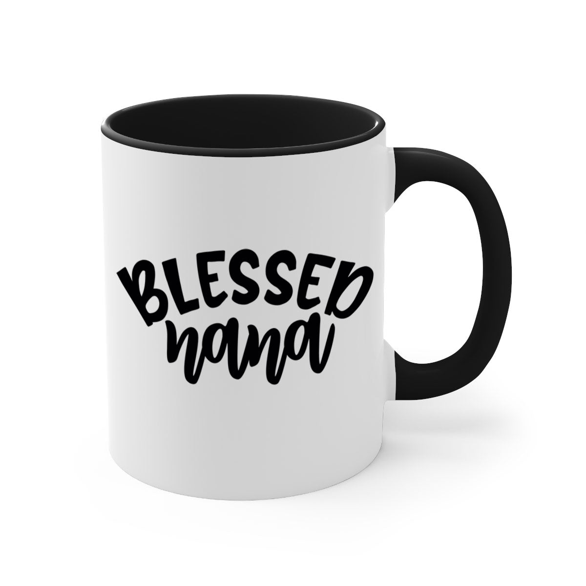 Blessed Nana 59# Mug featuring a glossy finish, colored handle, and interior, available in five colors and two sizes.