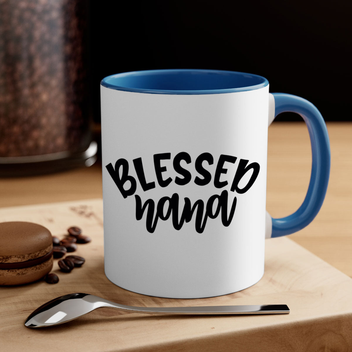 Blessed Nana 59# Mug featuring a glossy finish, colored handle, and interior, available in five colors and two sizes.