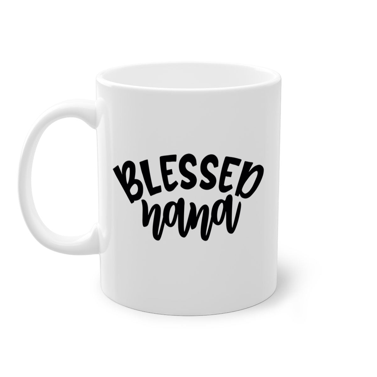 Blessed Nana 59# Mug featuring a glossy finish, colored handle, and interior, available in five colors and two sizes.