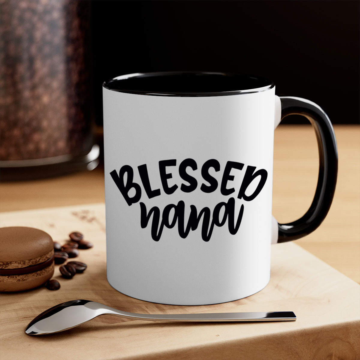 Blessed Nana 59# Mug featuring a glossy finish, colored handle, and interior, available in five colors and two sizes.