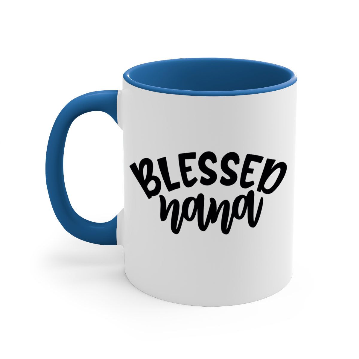 Blessed Nana 59# Mug featuring a glossy finish, colored handle, and interior, available in five colors and two sizes.